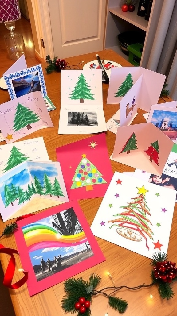 A variety of handmade Christmas cards featuring pop-up designs, watercolor art, and photo collages, arranged on a festive table.
